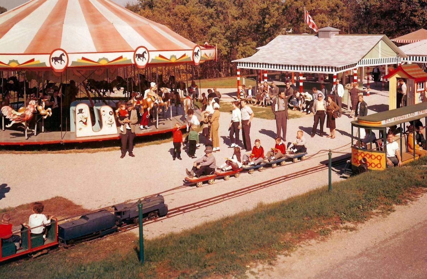 "Pleasureland" in Santa Claus Land, circa 1950. Several rides from Pleasureland still exist today in Rudolph's Reindeer Ranch.
