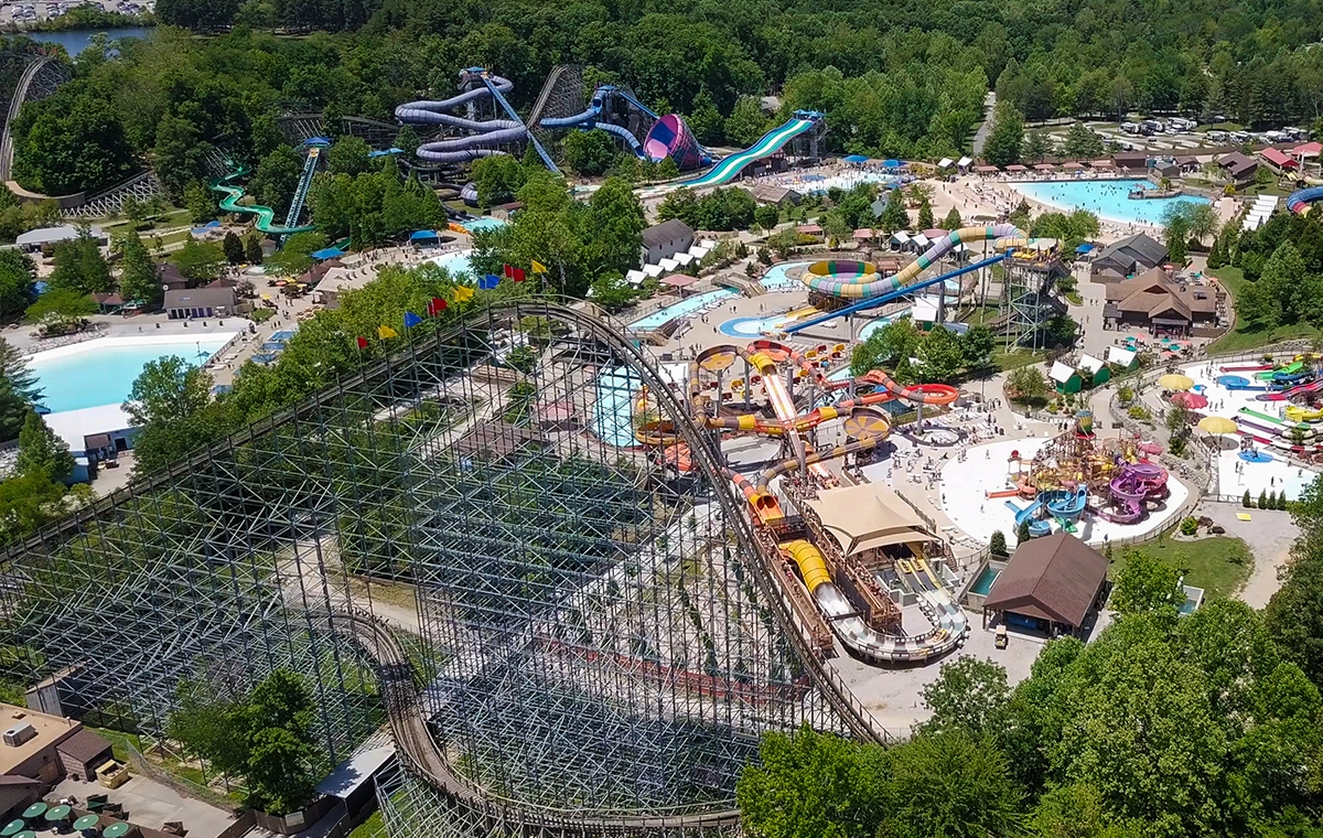 Aerial view of Voyage's lift hill with Splashin' Safari behind.